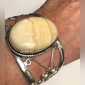 Yellow Lace Agate Stamped 925 Sterling Silver Cuff Bracelet